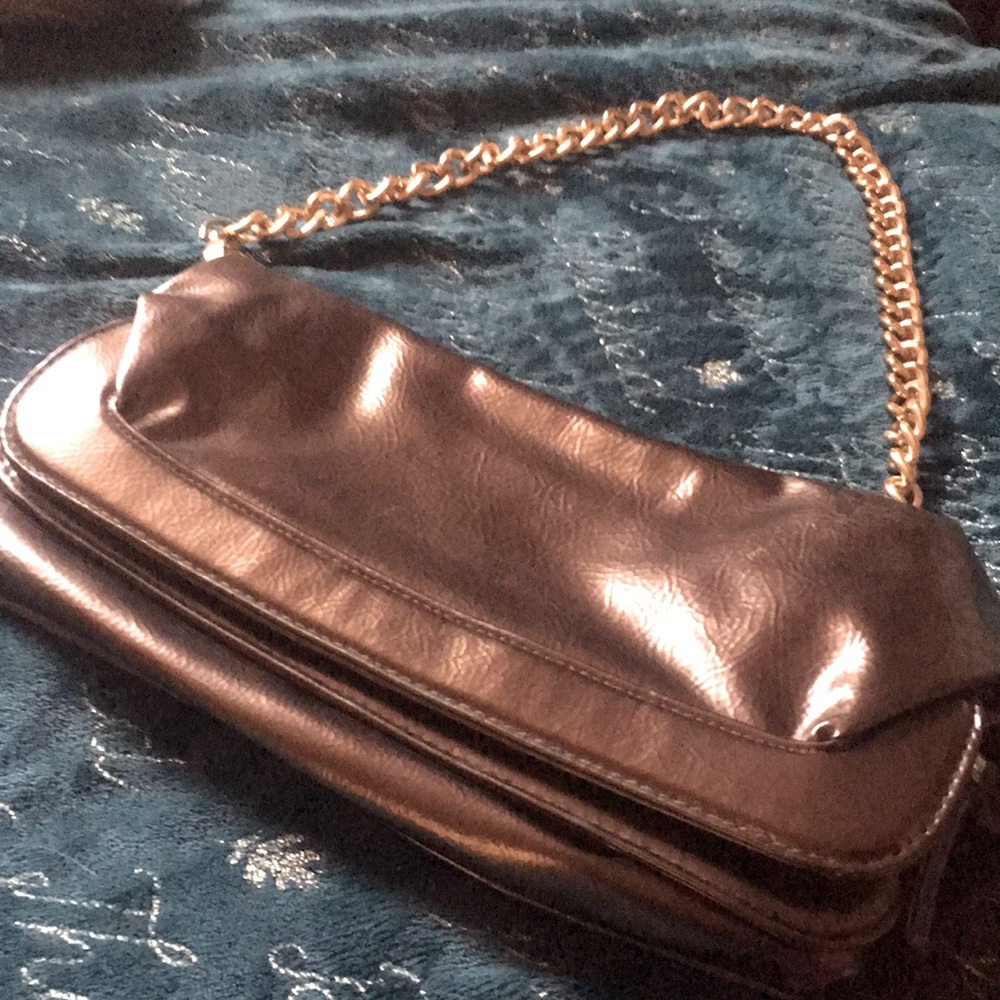 Vintage Golden Taupe Fold-over Clutch with Chain shoulder straps.